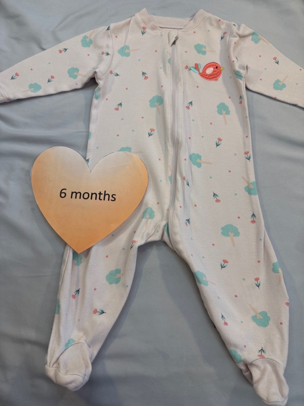 Cream Baby Footed Pajamas with Mint Trees & Coral Bird - 6 Months